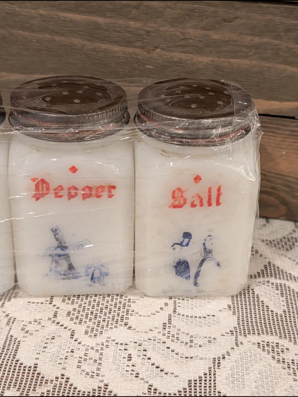 Vintage White Glass Spice Jar Set with Dutch Pattern